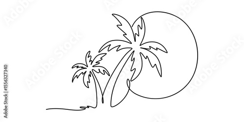 Coconut tree outline drawing illustration. one continuous line drawing of palm tree, Palms Tree continuous one line drawing, Palm tree One line drawing isolated on white background. Hand drawn.