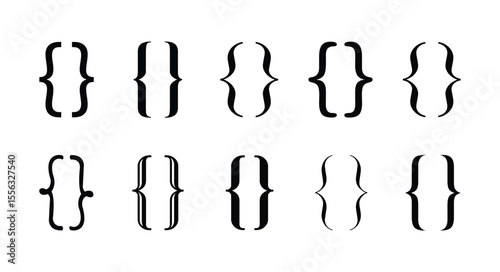 Curly braces brackets parenthesis icon set , Bracket, braces, parenthes vector set, Diverse curly bracket styles for design, coding, and typography , vector illustration .