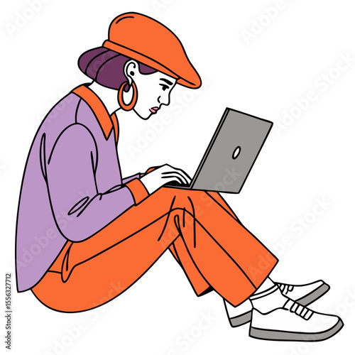 Stylish young woman wearing a fashionable orange cap and purple shirt typing on a laptop computer while sitting on the floor isolated on transparent background