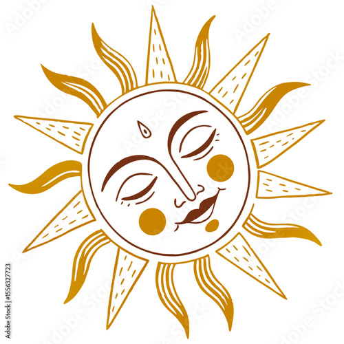 Whimsical boho sun face with closed eyes and gentle smile stylized celestial body illustration isolated on transparent background