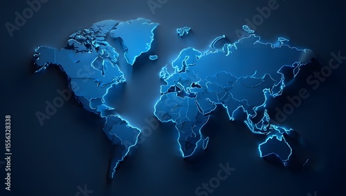 Fototapeta Naklejka Na Ścianę i Meble -  3D world map on a dark background, with a blue color scheme. Vector illustration, simple design, 