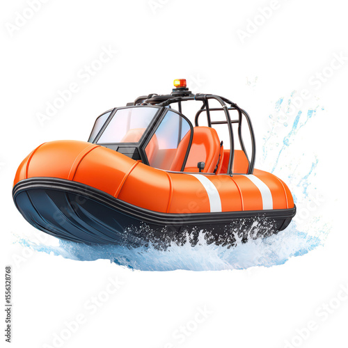 Bright Orange Rescue Boat Navigating Waves in Calm Waters, isolated on transparent background.