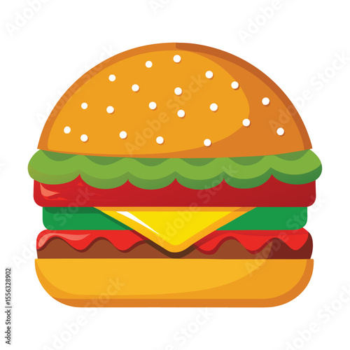 Cartoon burger set vector illustration. Stylized cartoon illustration of a classic cheeseburger with lettuce tomato and sesame seed bun.
