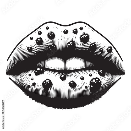 Herpes-affected lip silhouette showing distinct sores, simple black outline on a white background