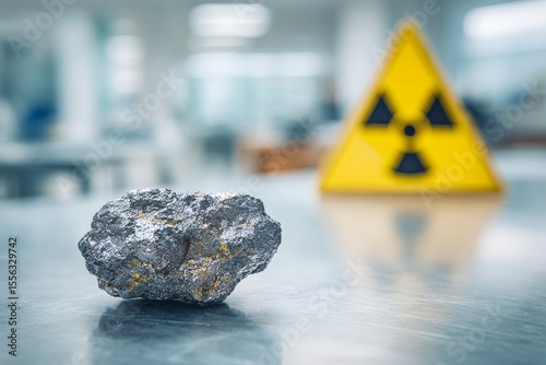 Uranium ore in a science lab with radioactive signage in the background.