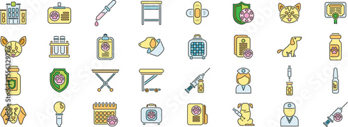 Colorful icons depicting various aspects of veterinary care, including vaccination, medication, and pet insurance