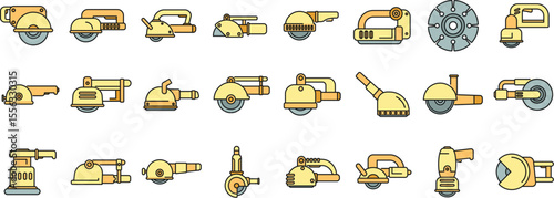 Angle grinder cutting machine power tools icons set featuring various types of grinders for cutting and polishing tasks