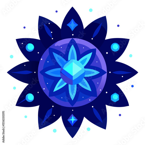 - A glowing, cosmic mandala with blue crystalline patterns, surrounded by sparkling particles, floating in a dark, starry void.