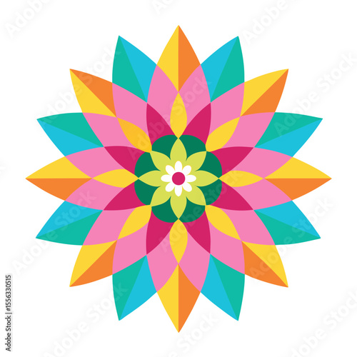 - A kaleidoscopic mandala filled with multi-colored petal patterns, radiating outward from a bright central star.