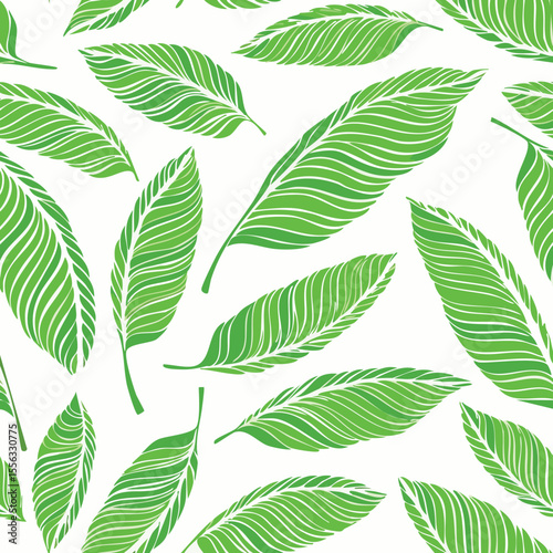 Seamless Tropical Leaf Pattern Vector - Green Banana Leaves Background Illustration