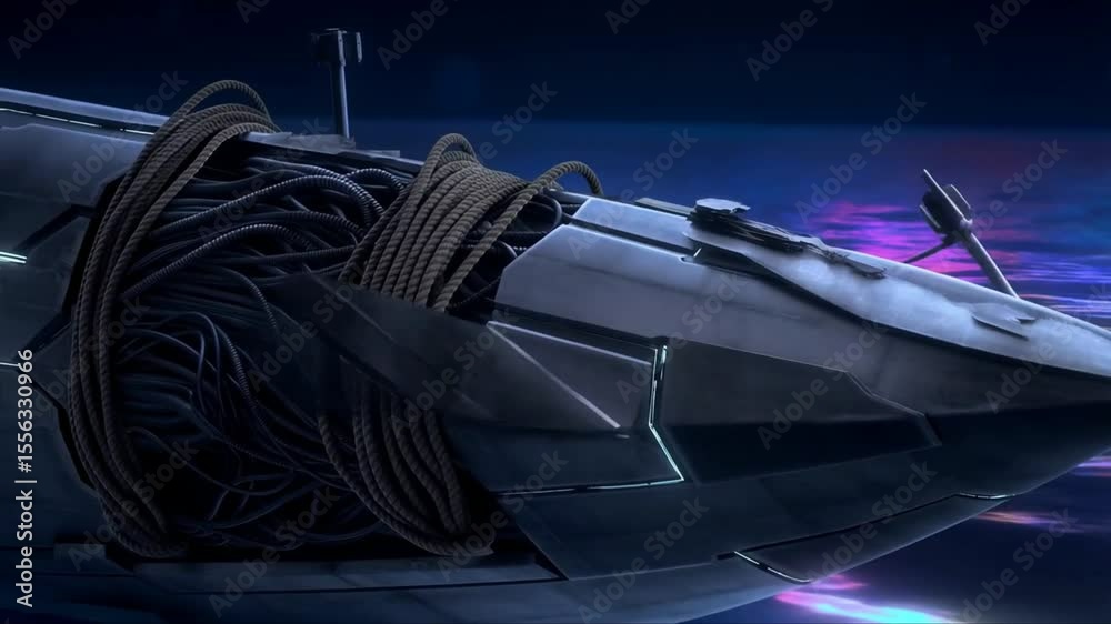A stylized, symbolic close-up transformation starting with aged wood and rope textures of an old sailing boat, which begins to shift, dissolve, and reconfigure into a sharp high-tech battleship