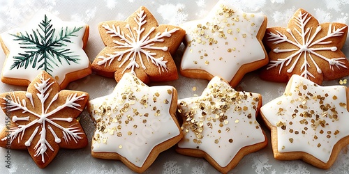 Festive star-shaped cookies with icing and glitter