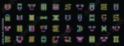 Neon icons representing various heated towel rail designs, illuminating bathroom warmth and modern convenience