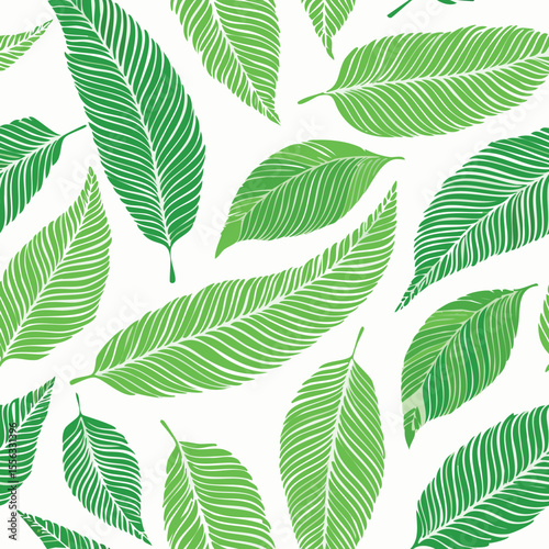 Seamless Tropical Leaf Pattern Vector - Green Banana Leaves Background Illustration