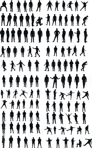 Silhouette collection of diverse people in various poses standing and in action on a white background