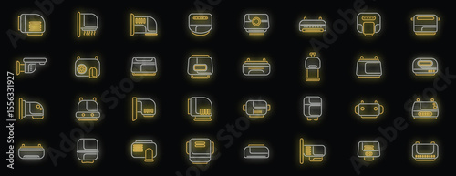 Glowing neon icons depict various smart home appliances, symbolizing modern living, automation, and convenience