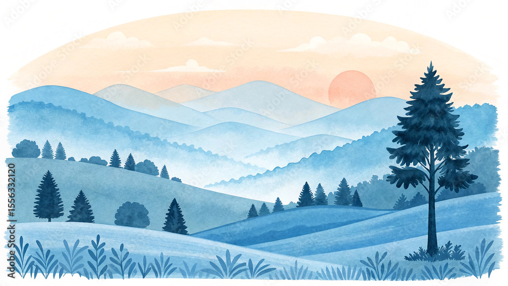 Fototapeta premium Serene blue mountain vista with soft peach sky landscape mountains