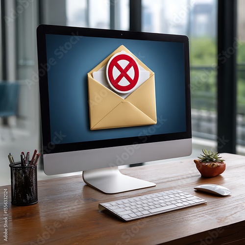 Computer screen displays email with a red prohibition symbol