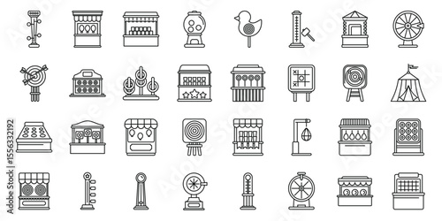 Carnival game icons set. Amusement park attractions offering entertainment and challenges for families and friends