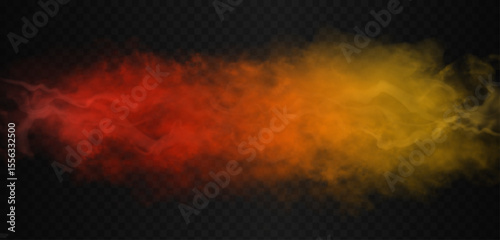 Orange, bronze, fire, amber, red and ginger colored clouds with curled and curved smoke waves and rings. Vector realistic vibrant haze isolated on the semi transparent dark background.