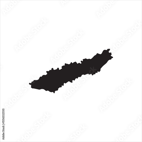 Black silhouette of a long island with jagged coastline on white background