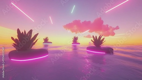 Surreal landscape with floating islands glowing plants and a bright neon sky cinematic dreamscape