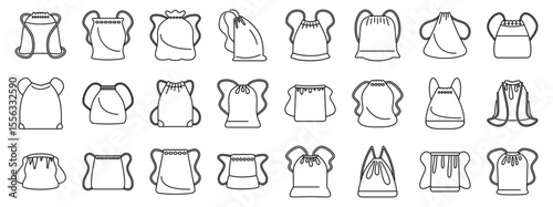 Drawstring sack icons set. Line art icons representing various gym bags and backpacks, showcasing diverse styles, shapes, and closures for carrying sports gear or personal belongings