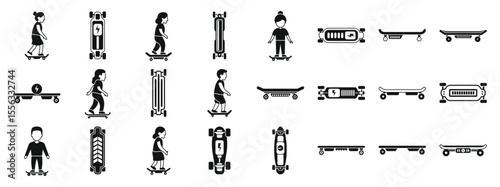 Electric skateboard icons set. Set of simple black vector icons showing people using electric skateboards and longboards