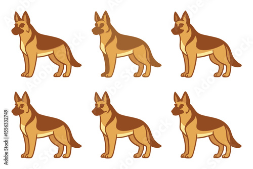 Six Brown and Tan German Shepherd Dog Vector Illustrations