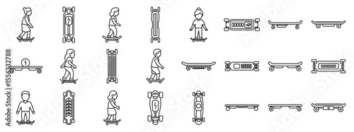 Electric skateboard icons set. Line icons of electric skateboards and longboards with riders, battery indicators, and speed displays, representing eco friendly personal transportation