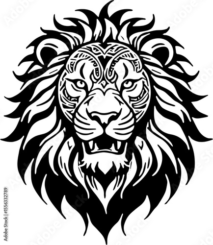 Roaring lion head, bold tribal outline, high contrast silhouette suitable for tattoos and vinyl cutting