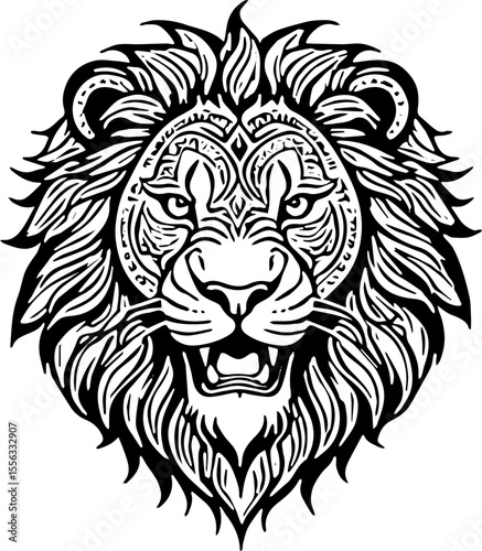 Roaring lion head, bold tribal outline, high contrast silhouette suitable for tattoos and vinyl cutting