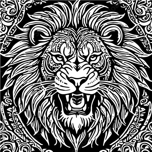 Roaring lion head, bold tribal outline, high contrast silhouette suitable for tattoos and vinyl cutting