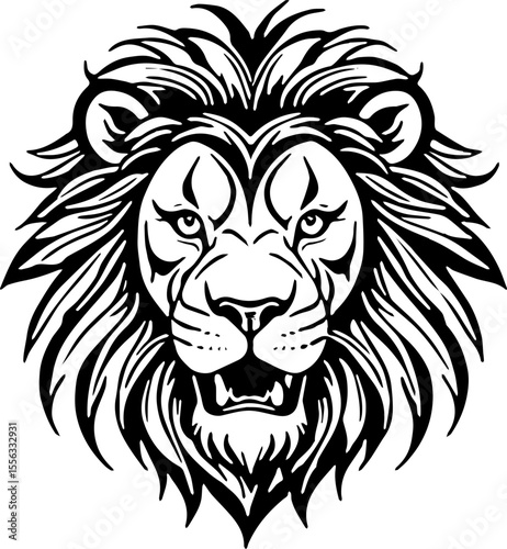 Roaring lion head, bold tribal outline, high contrast silhouette suitable for tattoos and vinyl cutting