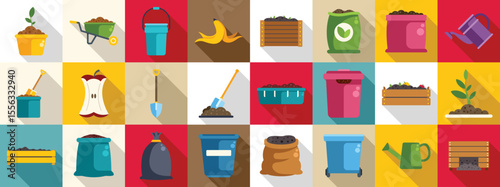 Composting icons set. Colorful compost icons represent the process of composting organic waste, using gardening tools, and growing plants
