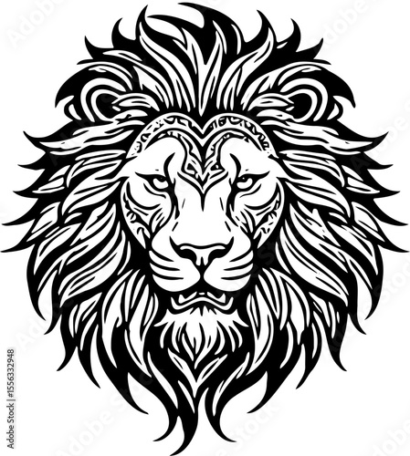 Roaring lion head, bold tribal outline, high contrast silhouette suitable for tattoos and vinyl cutting