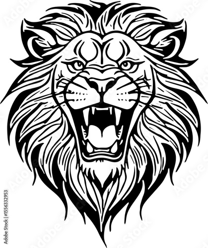 Roaring lion head, bold tribal outline, high contrast silhouette suitable for tattoos and vinyl cutting