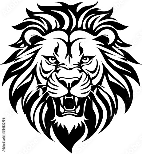 Roaring lion head, bold tribal outline, high contrast silhouette suitable for tattoos and vinyl cutting