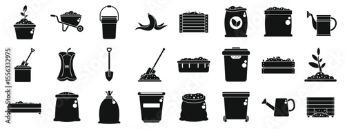 Composting icons set. Black silhouette icons represent composting, featuring organic waste, bins, compost piles, and gardening tools, emphasizing sustainable waste management