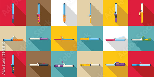 Hair curler icons set. Curling iron icons set flat vector. Hair curler. Electric hairstyle