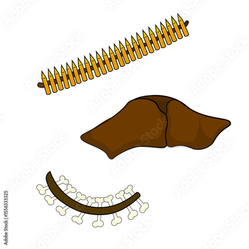 Artistic Composition of Bullets, Leather and Bones: Abstract arrangement of vintage elements including ammunition, brown leather and bone decorations. 