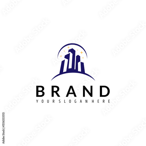skyscraper logo in flat vector design style decorated with moon and stars
