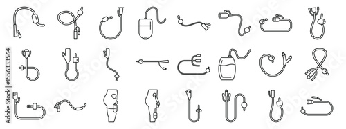 Urinary catheter icons set. Infusion lines and devices used in medical settings for delivering fluids and medications to patients