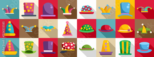 Clown hat icons set. Wide variety of hats and caps, suitable for parties, celebrations, and festive occasions, adding a touch of fun and whimsy