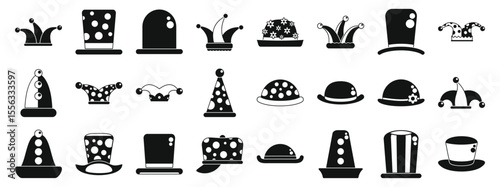 Clown hat icons set. Collection of comical hats representing various humorous professions, bringing laughter and entertainment to audiences