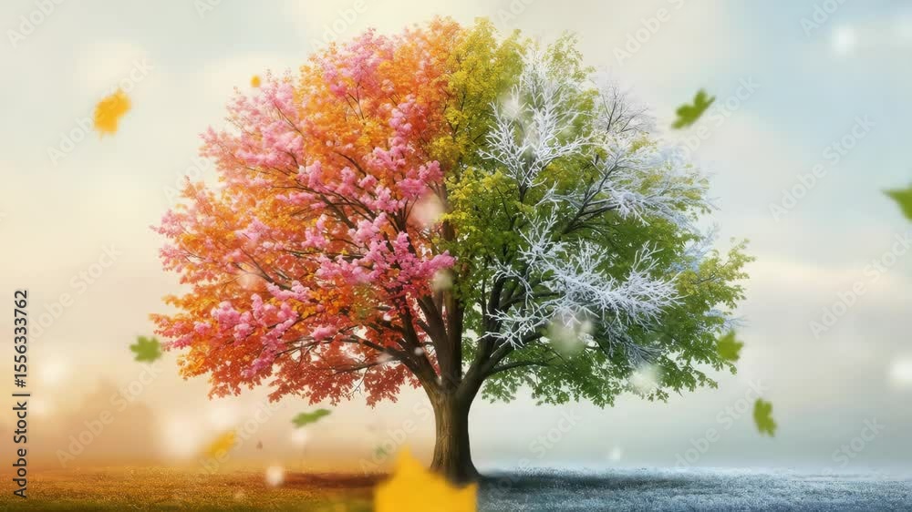 Four Seasons Tree - A single tree displays all four seasons simultaneously; spring blossoms, summer green leaves, autumn oranges and reds, and winter snow.