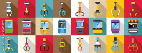 Claw machine game icons set. Various claw crane game machines and robotic arms designed for grabbing toys, prizes, or objects, presented in a vibrant and colorful flat design style