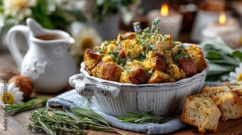 Delicious homemade stuffing recipe cozy kitchen food photography rustic atmosphere close-up shot comfort food inspiration