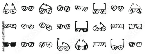 Broken glasses icons set. Various sunglasses icons depicting different shapes, styles, and conditions, including broken and heart shaped lenses