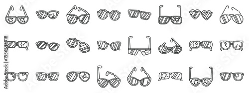 Broken glasses icons set. Exploring diverse designs of broken sunglasses, showcasing cracks, shattered lenses, and detached frames, emphasizing diverse damage types